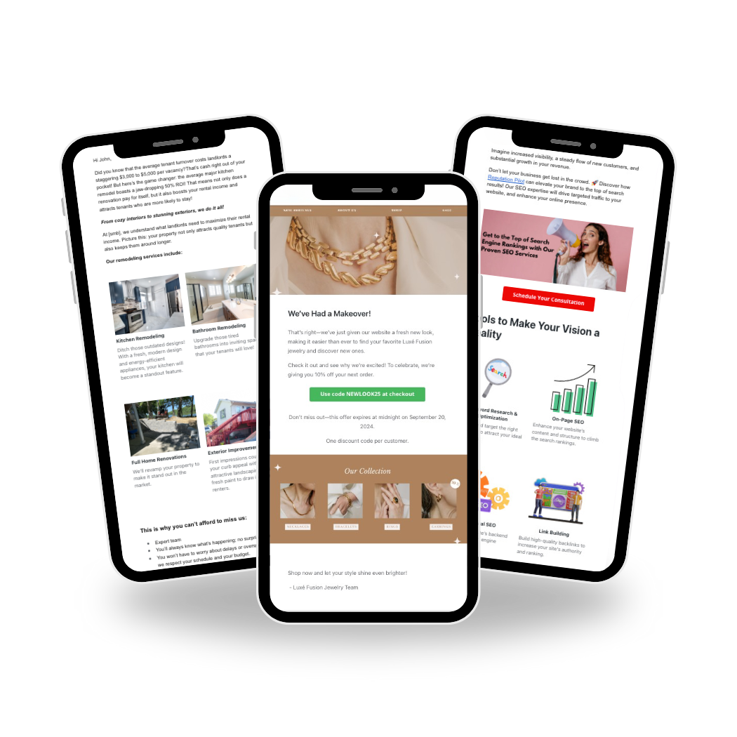 Three emails with photos for marketing on mobile 